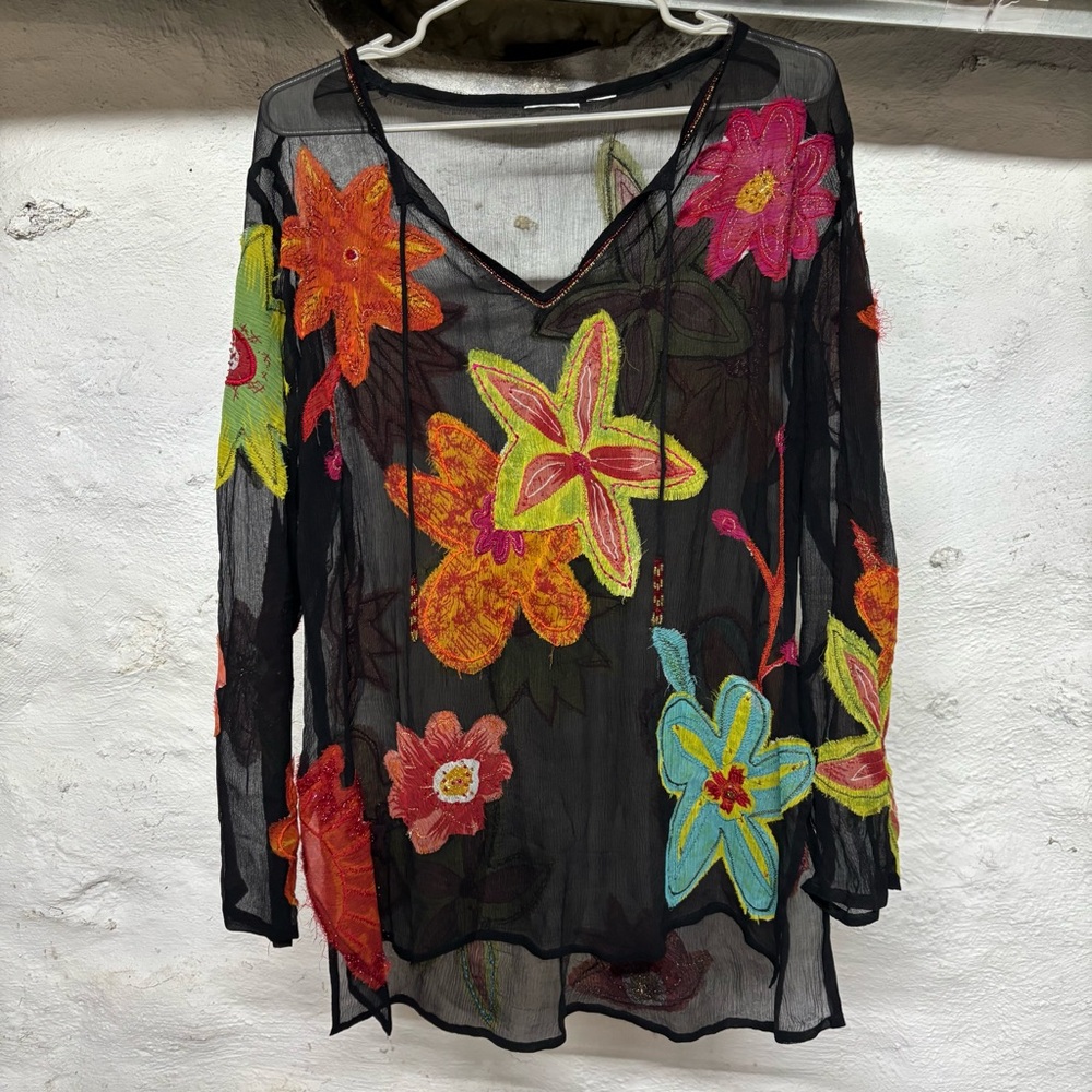 Vintage Floral Sheer Black Top